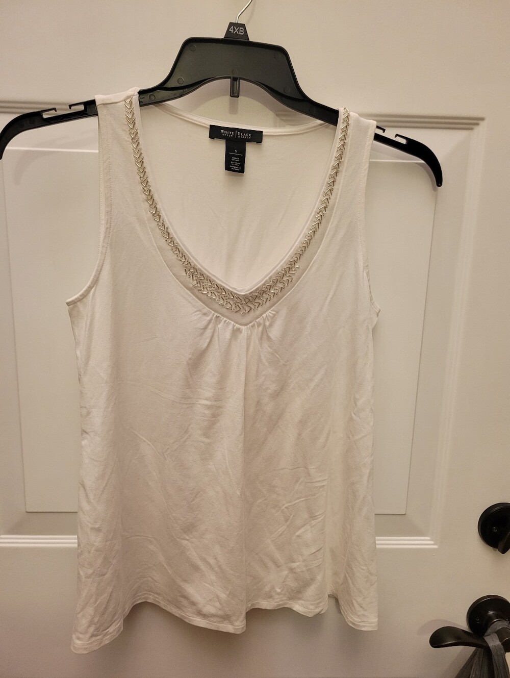 Embellished White House Black Market Cream V-Neck Tank with Metallic Trim